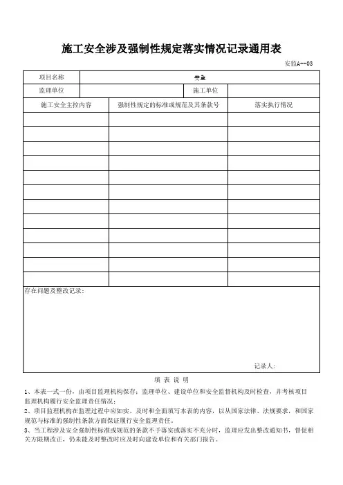 施工安全涉及强制性规定落实情况记录通用表