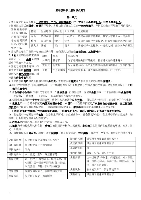 小学科学五年级上册知识点(全面版)