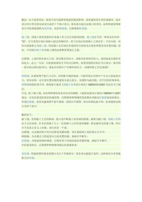 沉降缝、伸缩缝、变形缝、施工缝的区别