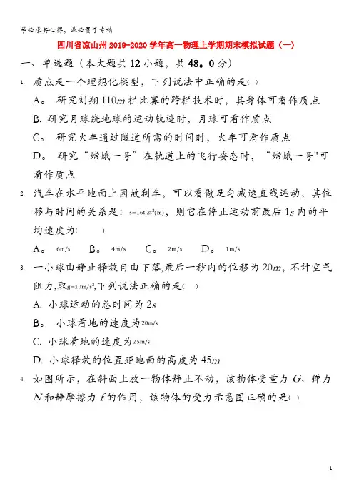 凉山州2019-2020学年高一物理上学期期末模拟试题(一)