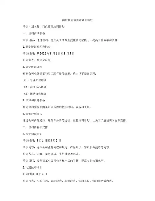 岗位技能培训计划表模版