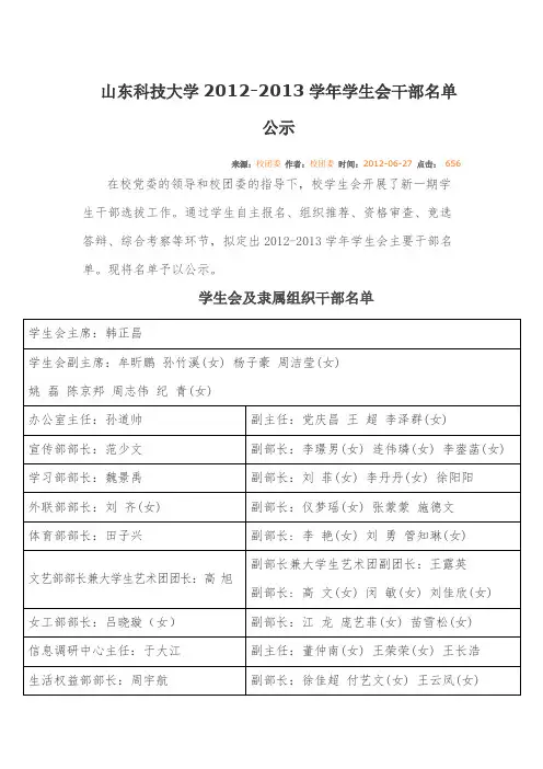 山东科技大学2012-2013学年学生会干部名单公示