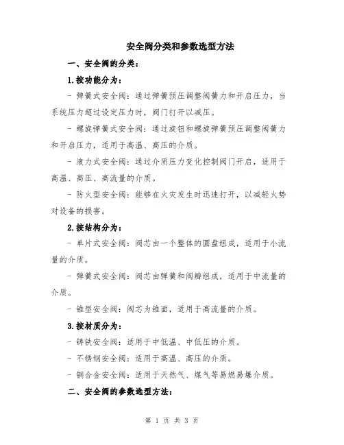 安全阀分类和参数选型方法