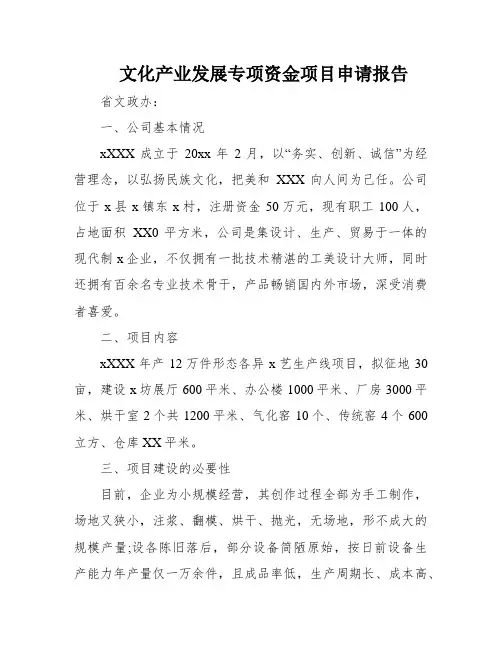文化产业发展专项资金项目申请报告