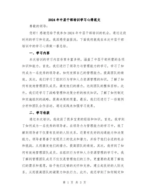 2024年中层干部培训学习心得范文