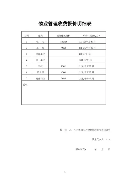 物业管理收费报价明细表
