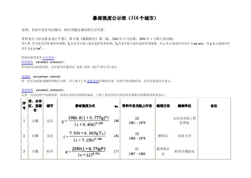暴雨强度公式表