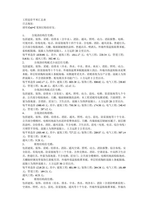 工程造价各类房屋㎡指标