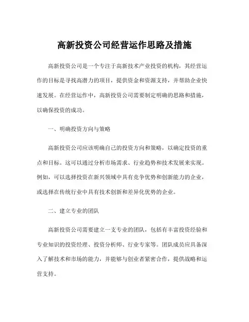 高新投资公司经营运作思路及措施