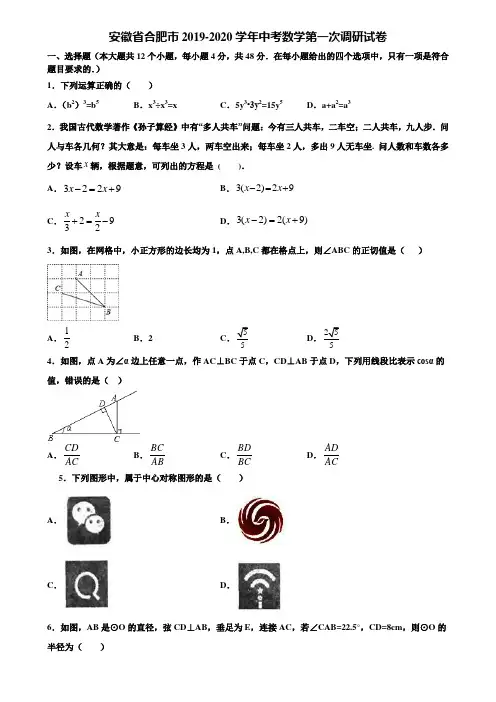安徽省合肥市2019-2020学年中考数学第一次调研试卷含解析