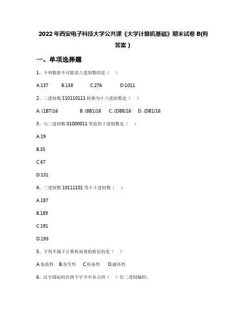 2022年西安电子科技大学公共课《大学计算机基础》期末试卷B(有答案)