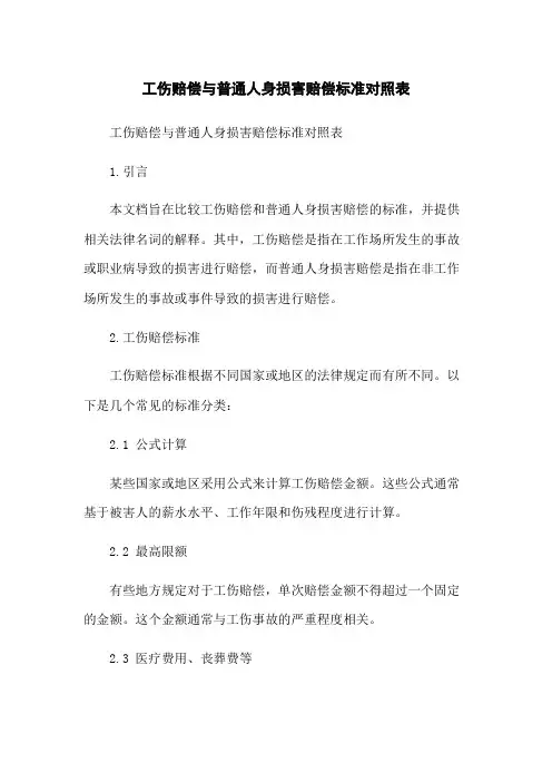 工伤赔偿与普通人身损害赔偿标准对照表