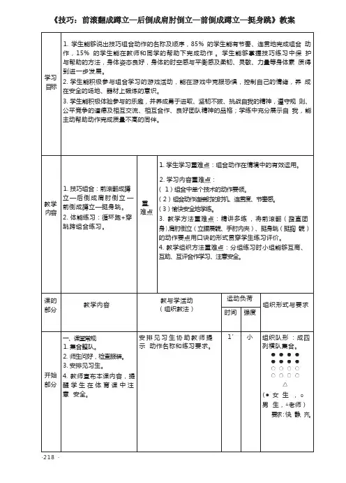 《技巧：前滚翻成蹲立—后倒成肩肘倒立—前倒成蹲立—挺身跳》教案