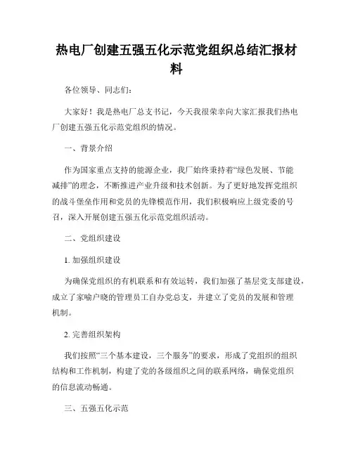 热电厂创建五强五化示范党组织总结汇报材料