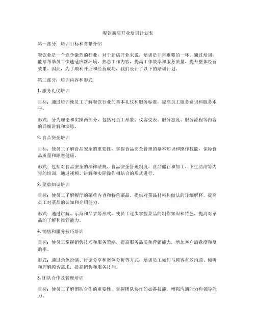 餐饮新店开业培训计划表