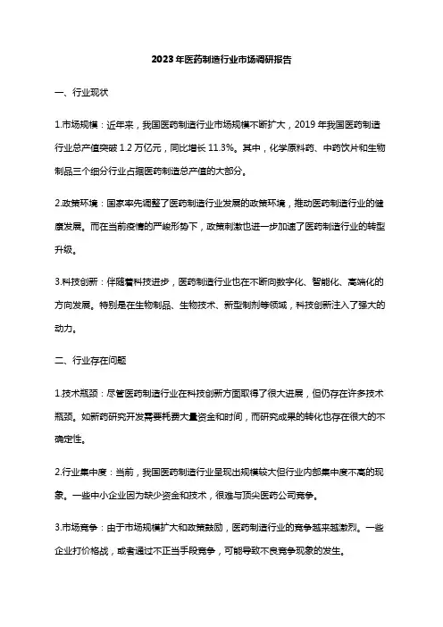2023年医药制造行业市场调研报告