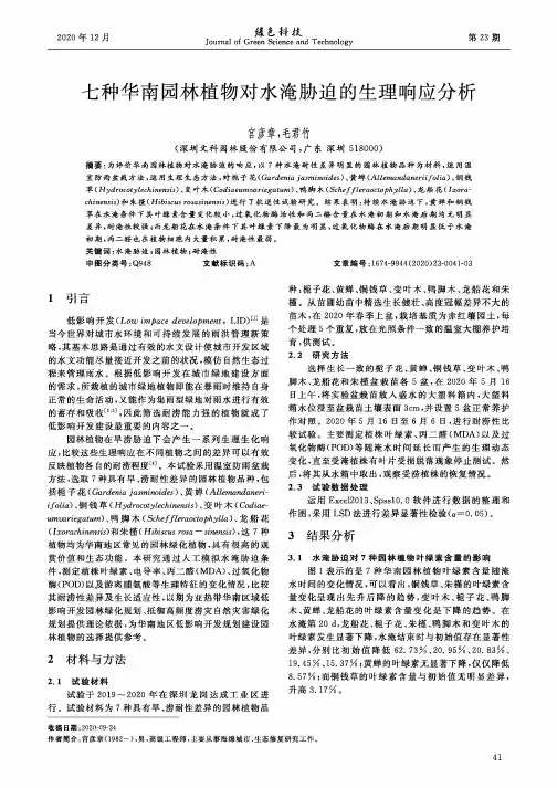 七种华南园林植物对水淹胁迫的生理响应分析