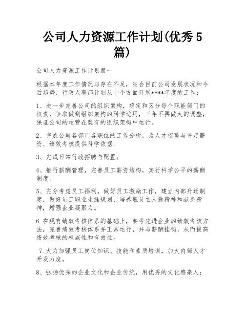 公司人力资源工作计划(优秀5篇)