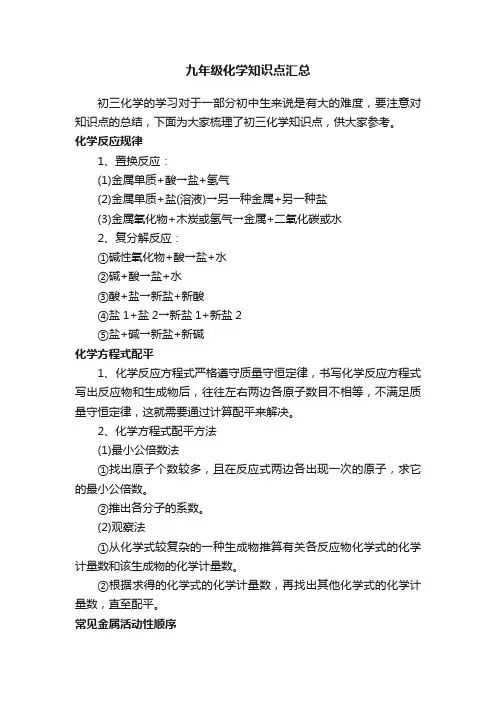 九年级化学知识点汇总