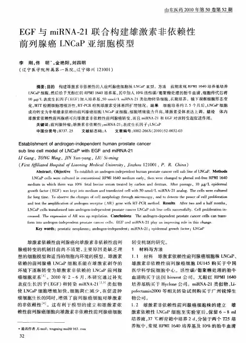 EGF与miRNA-21联合构建雄激素非依赖性前列腺癌LNCaP亚细胞模型
