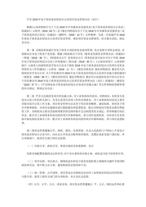 芒市2019年电子商务进农村综合示范项目资金管理办法(试行)