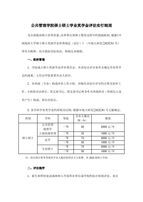 公共管理学院硕士研究生学业奖学金评定实施细则