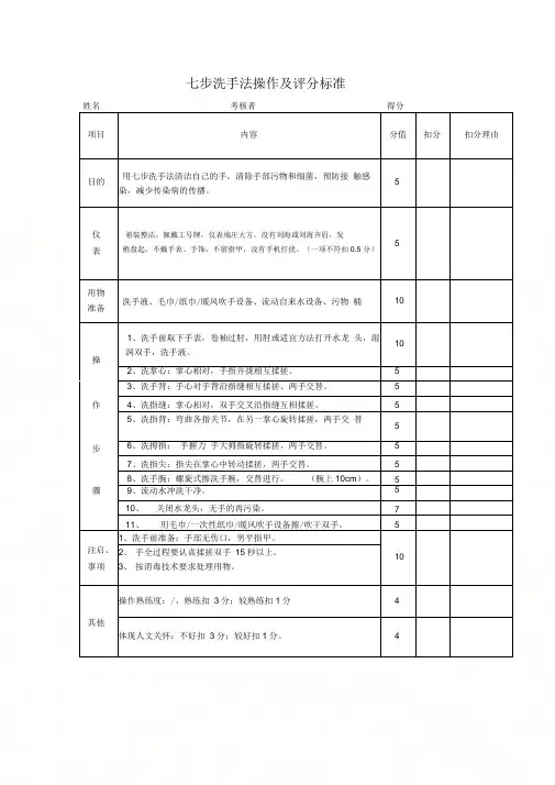 七步洗手法操作及评分标准