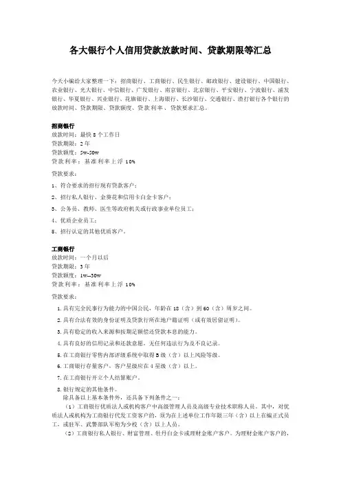 各大银行个人信用贷款放款时间、贷款期限等汇总