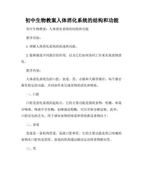 初中生物教案人体消化系统的结构和功能