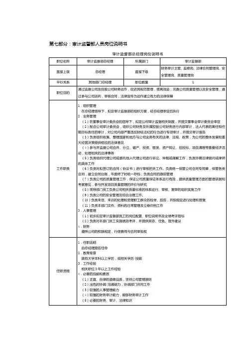 房地产制度管理审计监督部人员岗位说明书