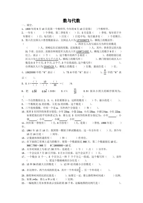 通用版数学六年级下册总复习专题：数与代数 含答案(附答案)直接打印版
