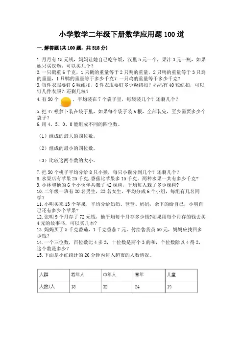 小学数学二年级下册数学应用题100道(达标题)