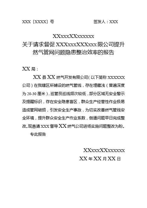 关于请求督促XXX县XXX开发有限公司提升然气管网问题隐患整治效率的报告