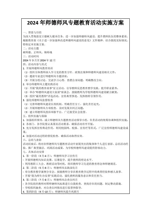 2024年师德师风专题教育活动实施方案