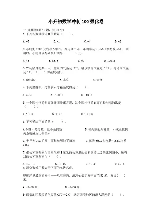 小升初数学冲刺100强化卷含下载答案