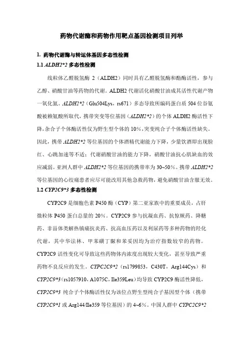 药物代谢酶和药物作用靶点基因检测项目列举