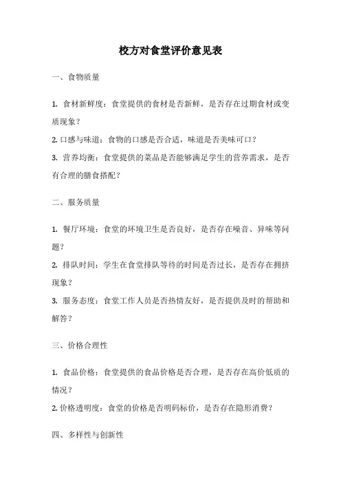 校方对食堂评价意见表