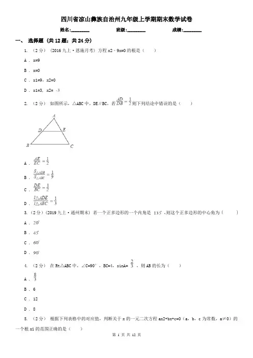 四川省凉山彝族自治州九年级上学期期末数学试卷