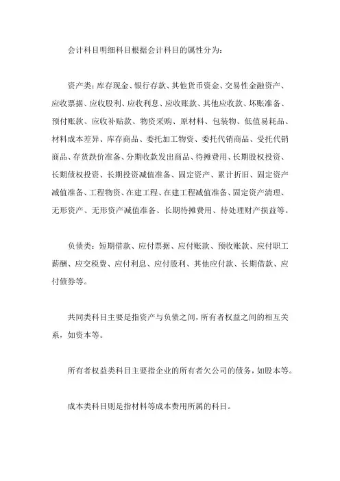 会计科目明细科目