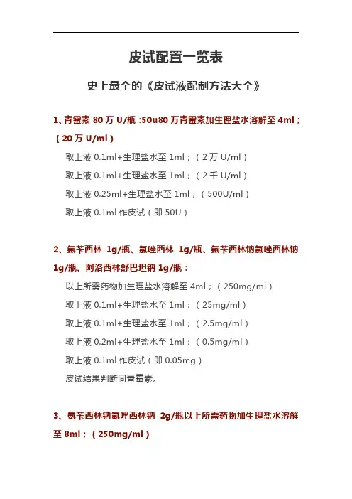 皮试配置一览表