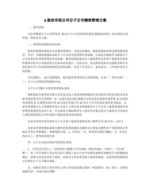 A股份有限公司分子公司绩效管理方案