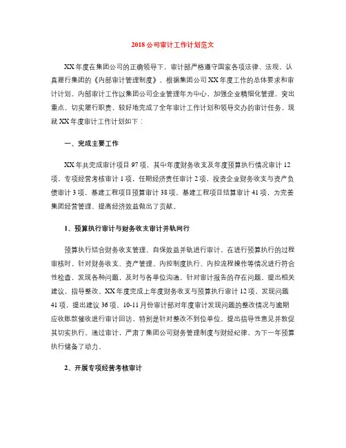 2018公司审计工作计划范文
