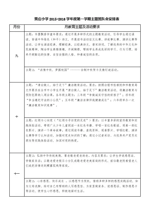 2015年秋德育主题教育活动安排