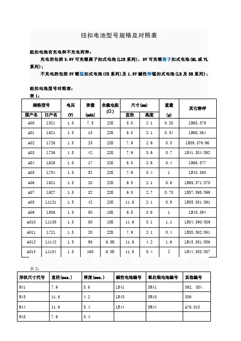 纽扣电池型号规格及对照表