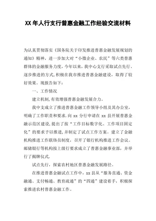 XX年人行支行普惠金融工作经验交流材料
