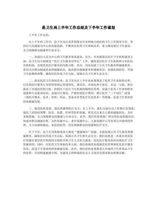 县卫生局上半年工作总结及下半年工作谋划
