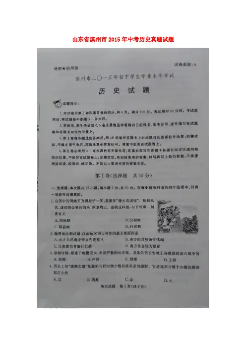山东省滨州市2015年中考历史真题试题(含解析)