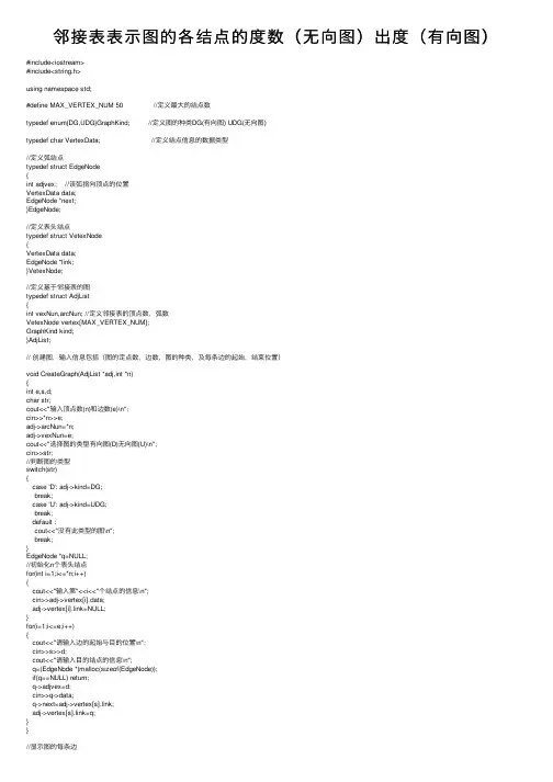 邻接表表示图的各结点的度数（无向图）出度（有向图）
