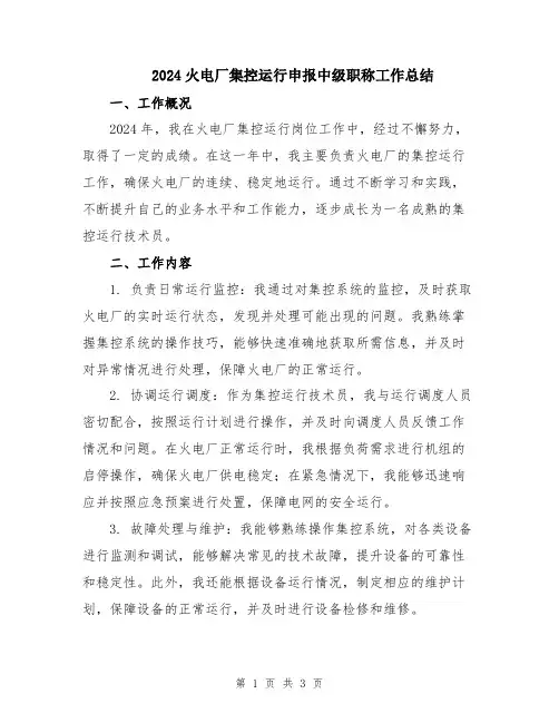 2024火电厂集控运行申报中级职称工作总结