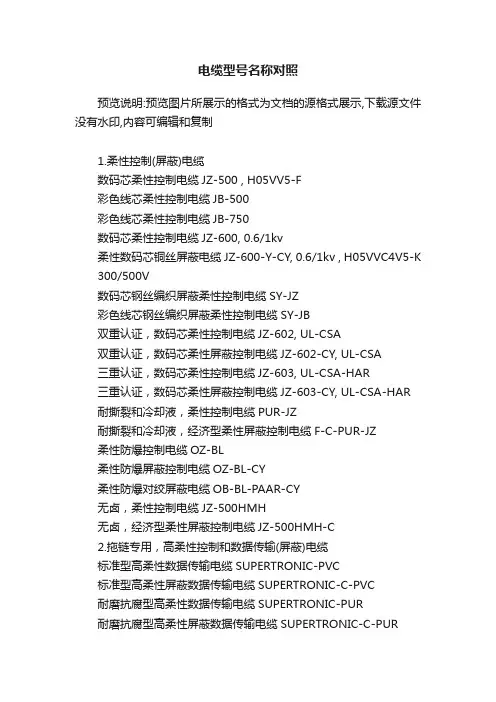 电缆型号名称对照